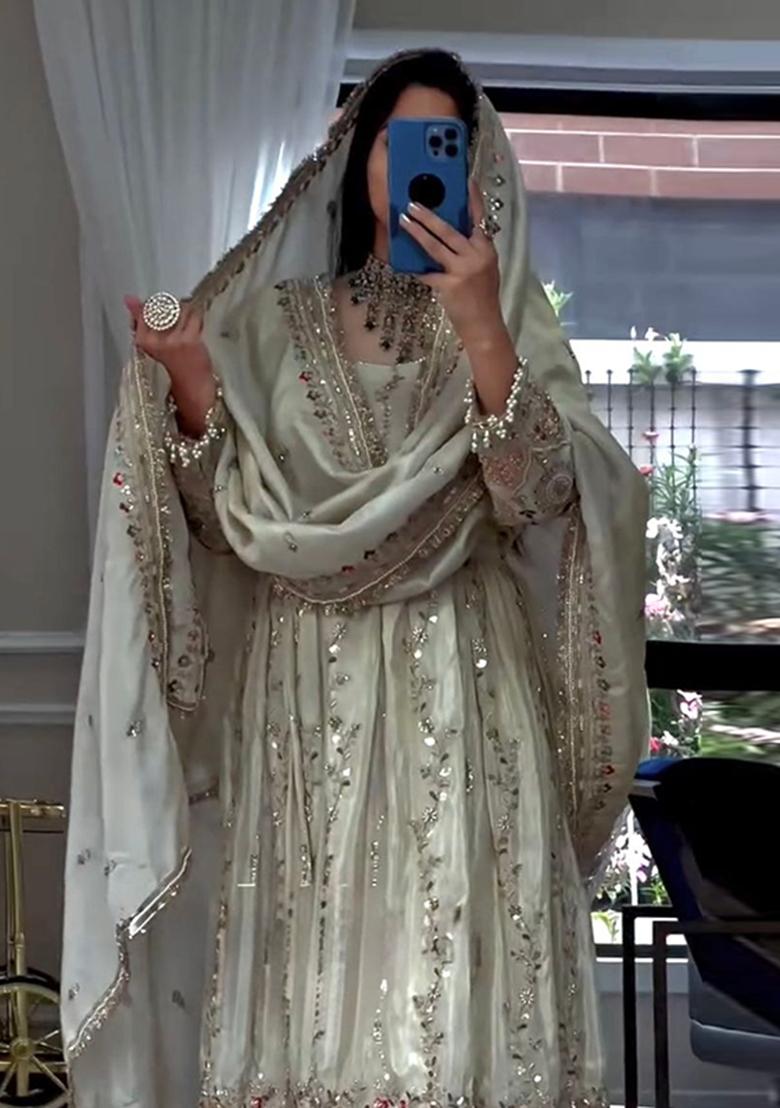 White Embroidery Silk Anarkali Set - Indya