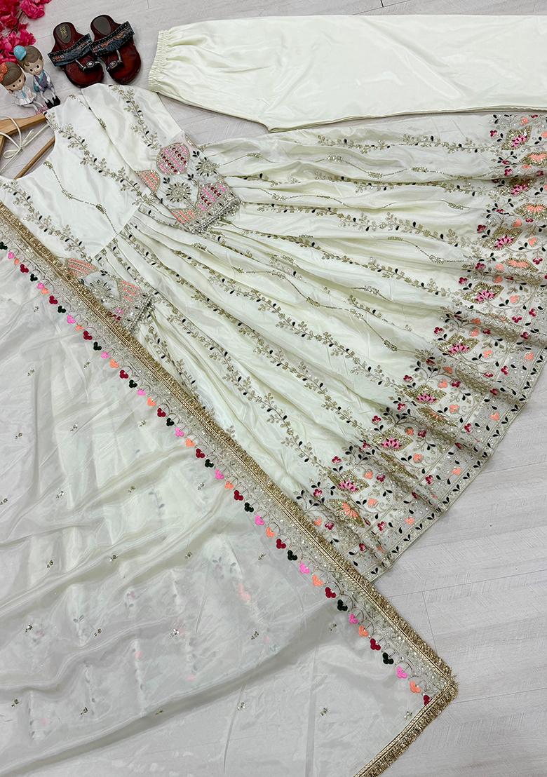 White Embroidery Silk Anarkali Set - Indya