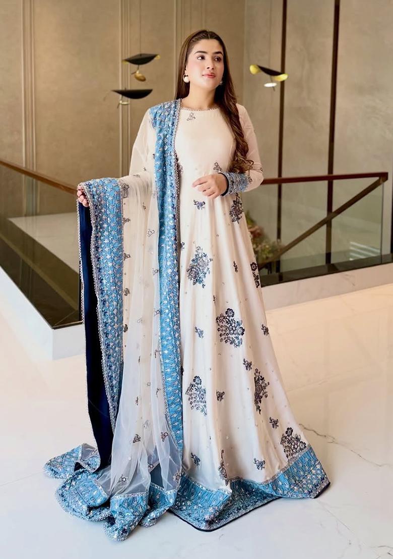 White Embroidery Georgette Anarkali Set - Indya