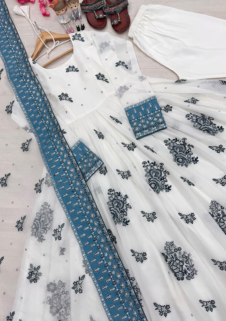 White Embroidery Georgette Anarkali Set - Indya
