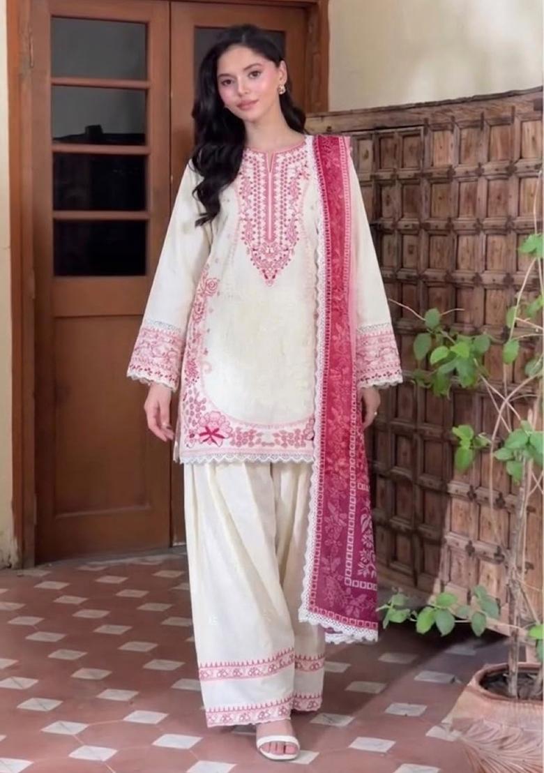 White Embroidery Rayon Kurta Set - Indya