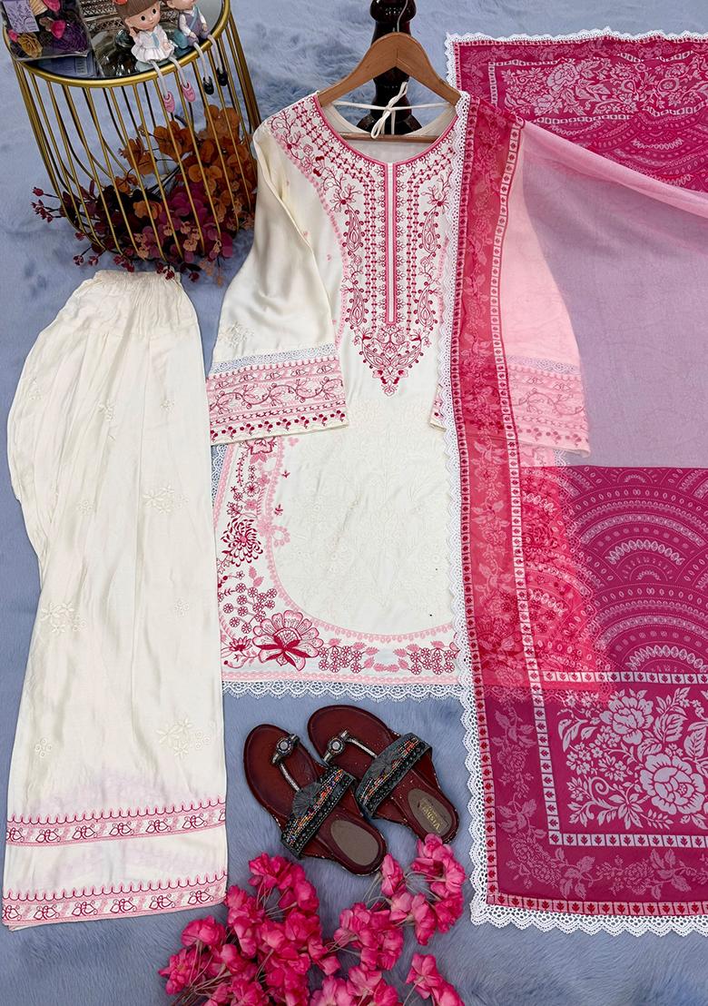 White Embroidery Rayon Kurta Set - Indya