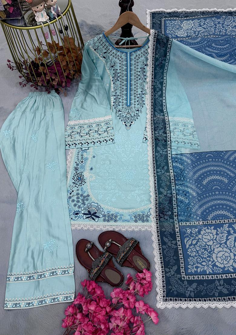 Blue Embroidery Rayon Kurta Set - Indya