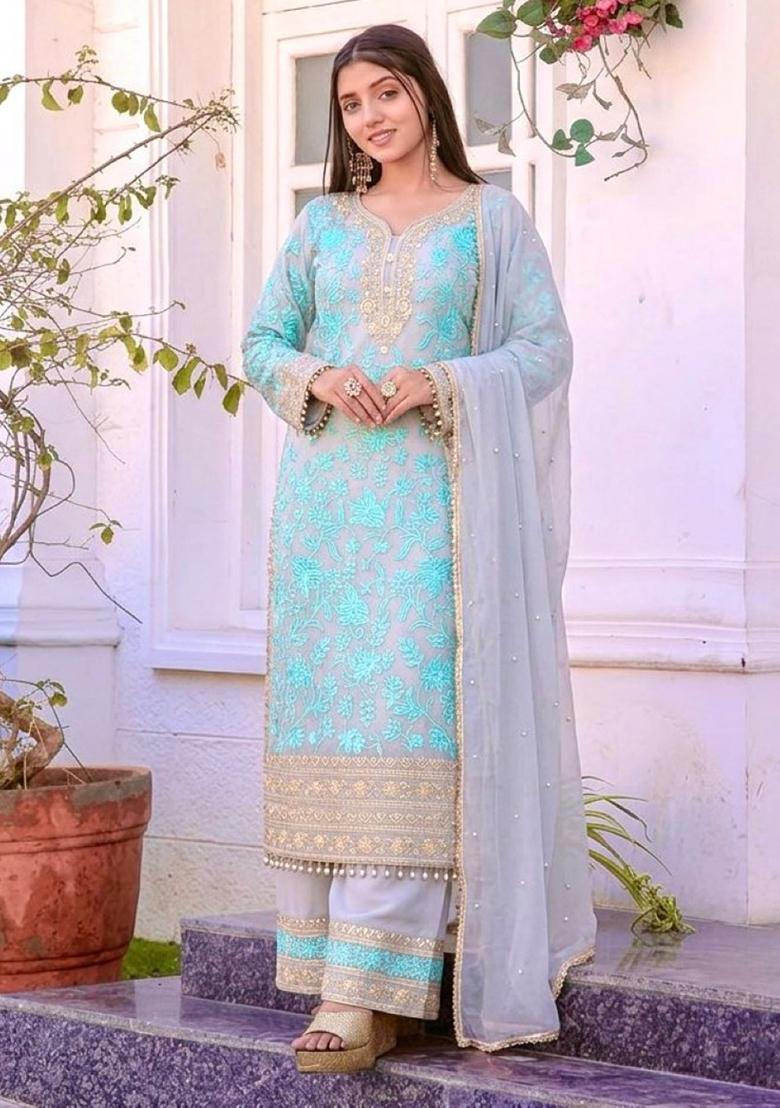 Grey Embroidery Georgette Kurta Set - Indya
