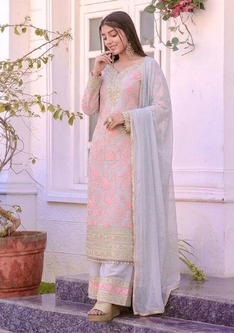 Grey Embroidery Georgette Kurta Set - Indya