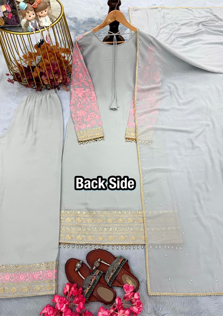 Grey Embroidery Georgette Kurta Set - Indya
