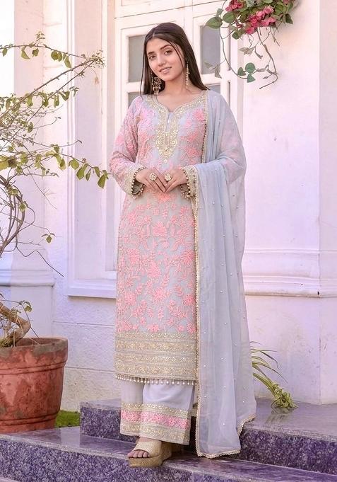 Grey Embroidery Georgette Kurta Set