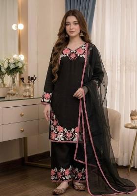 Black Embroidery Rayon Kurta Set