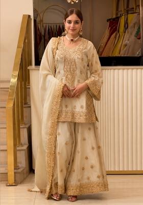 Beige Embroidery Silk Kurta Set