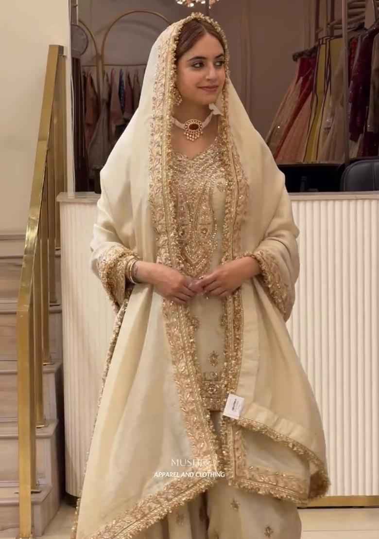 Beige Embroidery Silk Kurta Set - Indya