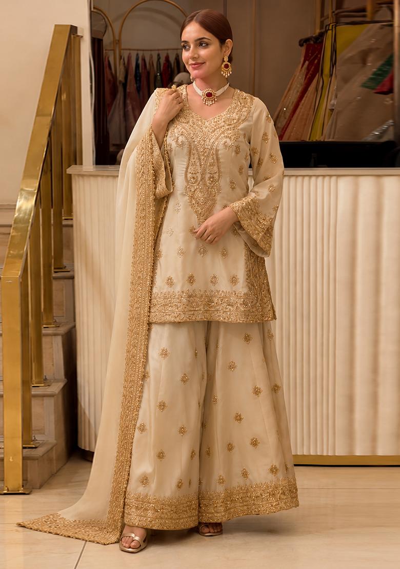 Beige Embroidery Silk Kurta Set - Indya