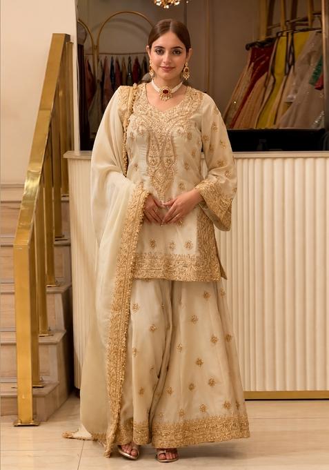Beige Embroidery Silk Kurta Set