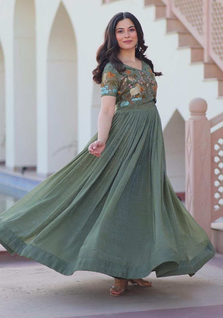 Mehendi Embroidery Silk Anarkali Set - Indya