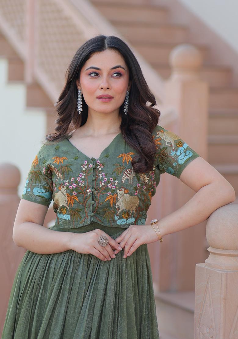 Mehendi Embroidery Silk Anarkali Set - Indya