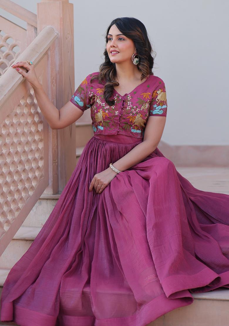 Wine Embroidery Silk Anarkali Set - Indya