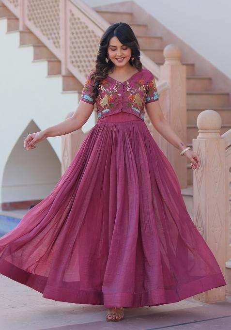 Wine Embroidery Silk Anarkali Set