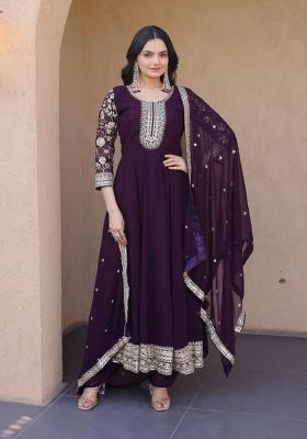 Wine Embroidery Georgette Anarkali Set