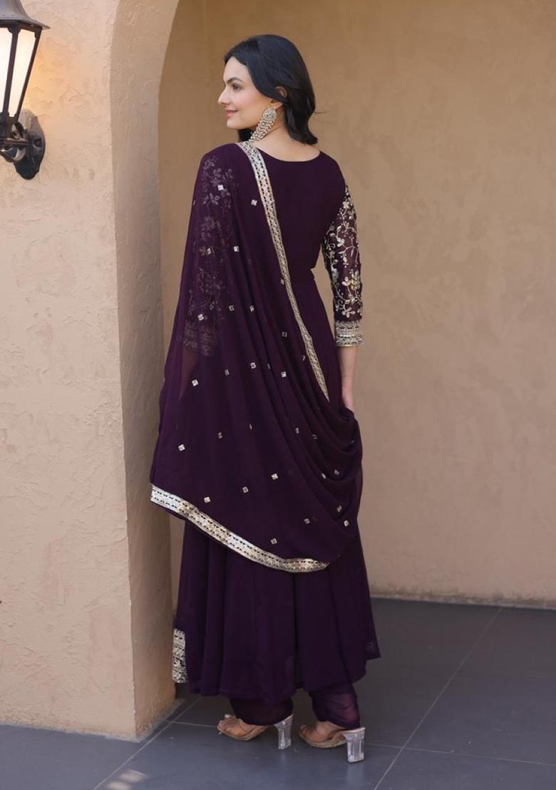 Wine Embroidery Georgette Anarkali Set - Indya