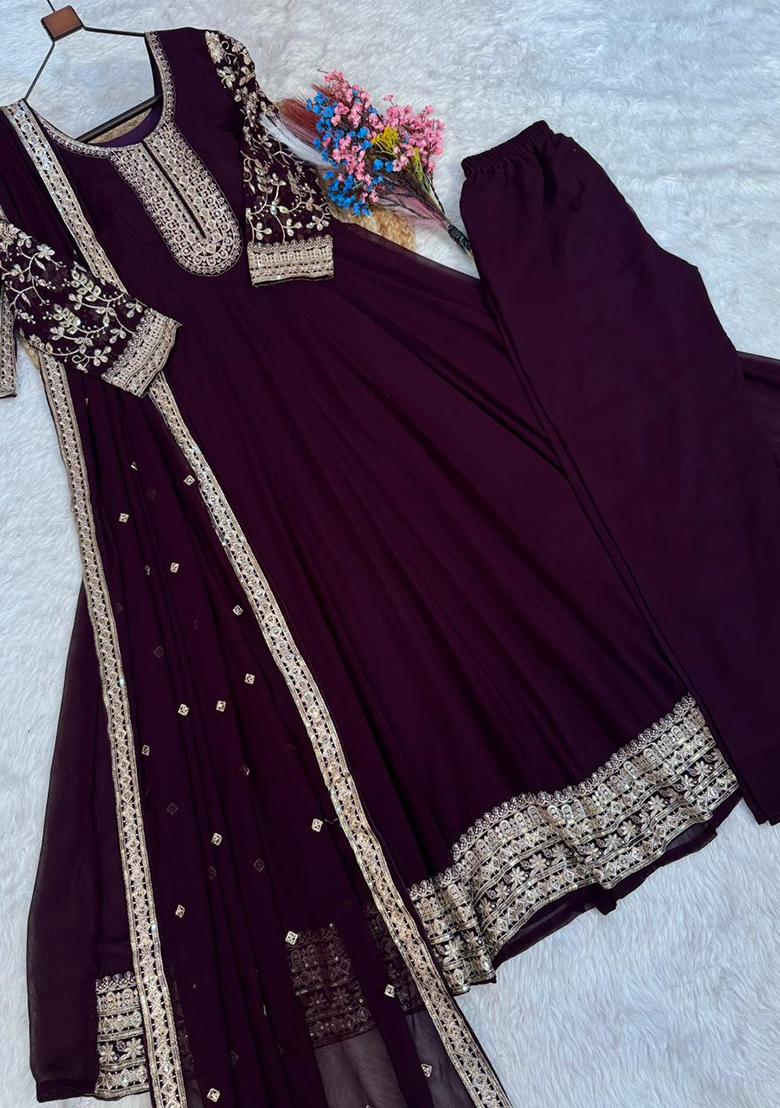 Wine Embroidery Georgette Anarkali Set - Indya