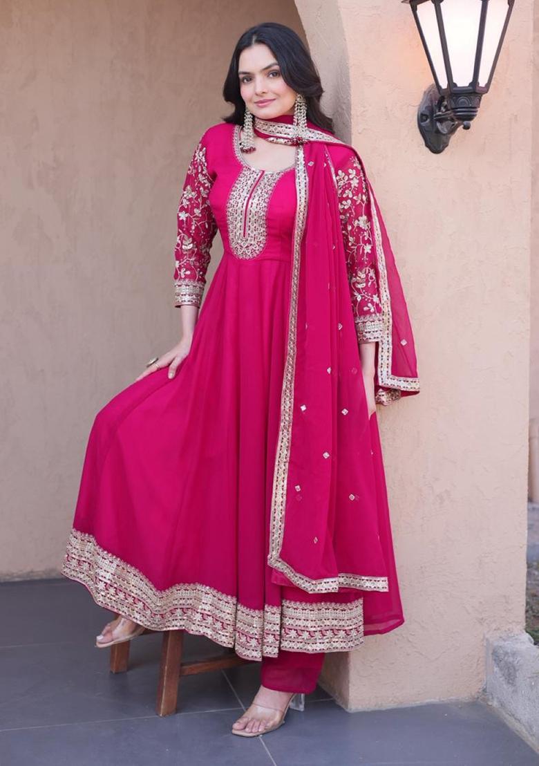 Rani Pink Embroidery Georgette Anarkali Set - Indya