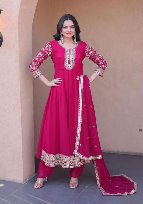 Rani Pink Embroidery Georgette Anarkali Set