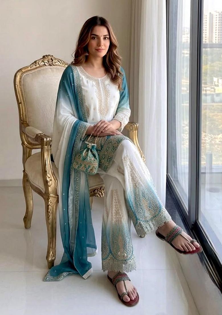 Blue Embroidery Georgette Kurta Set - Indya