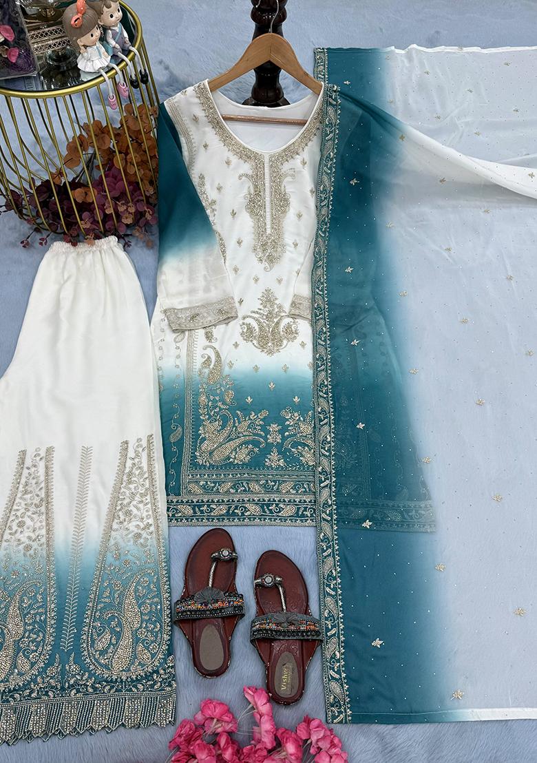 Blue Embroidery Georgette Kurta Set - Indya