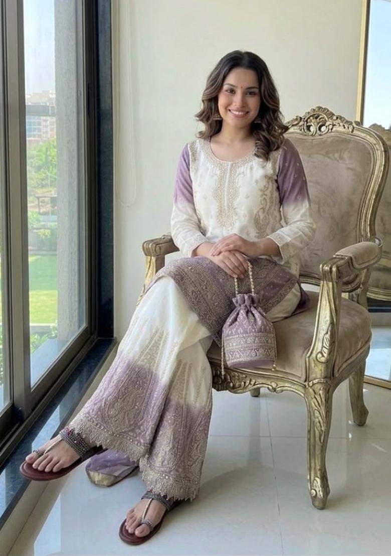 Lavender Embroidery Georgette Kurta Set - Indya