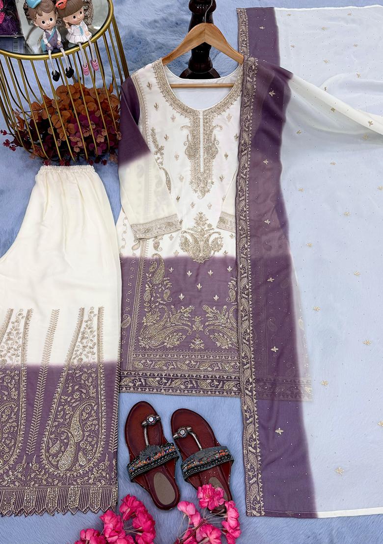 Lavender Embroidery Georgette Kurta Set - Indya