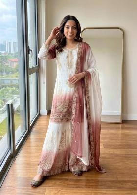 Peach Embroidery Georgette Kurta Set