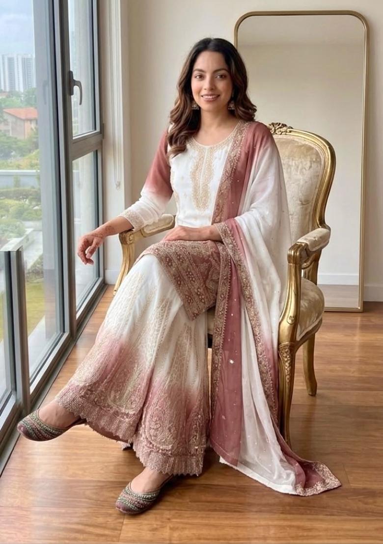 Peach Embroidery Georgette Kurta Set - Indya