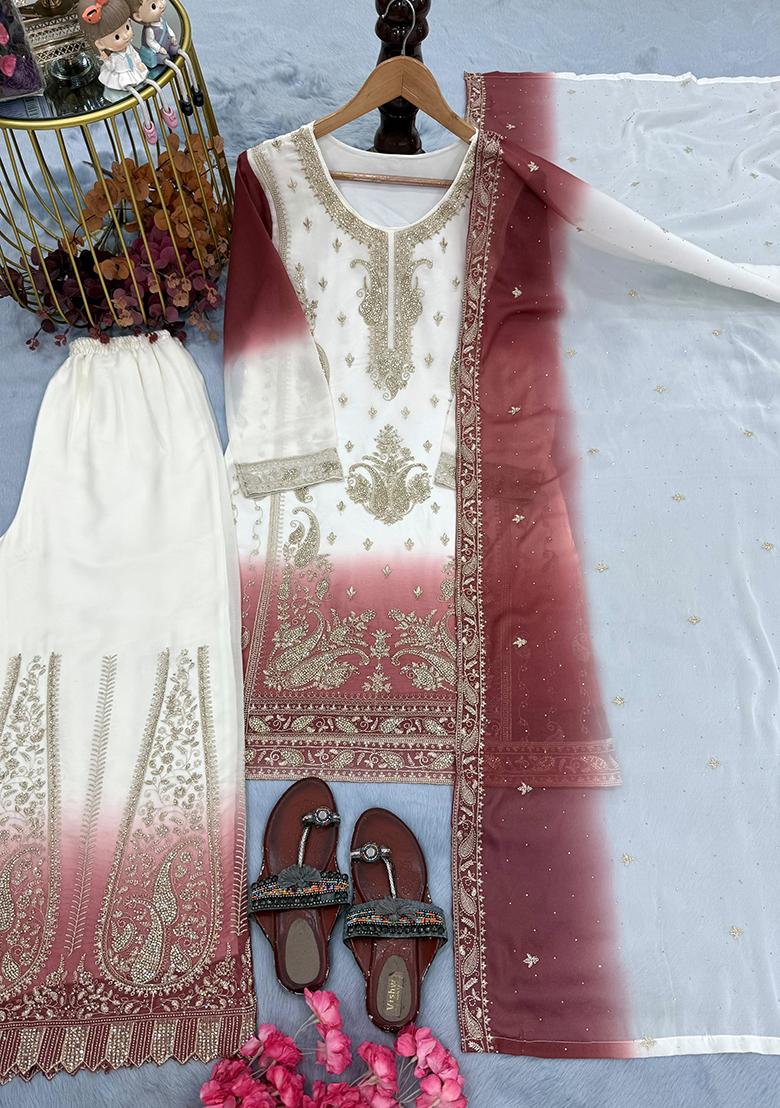 Peach Embroidery Georgette Kurta Set - Indya
