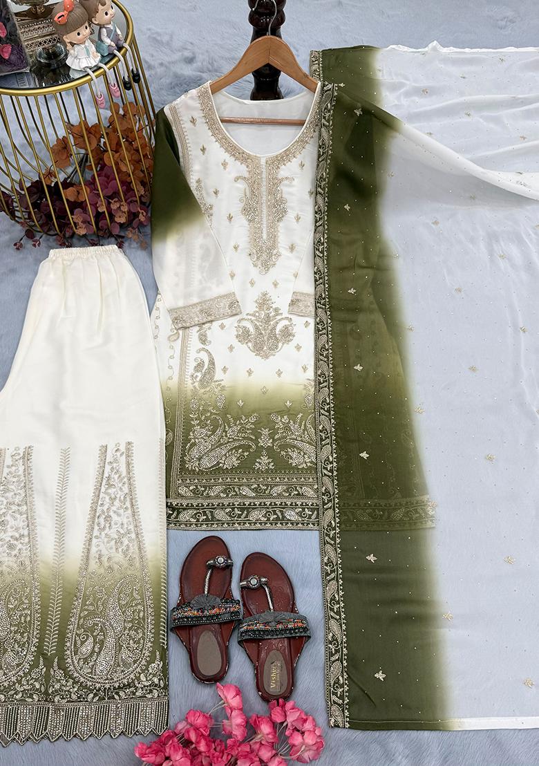 Green Embroidery Georgette Kurta Set - Indya