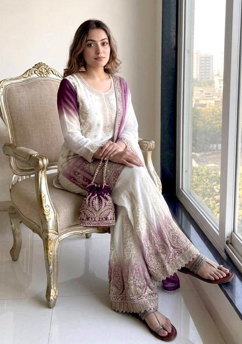Purple Embroidery Georgette Kurta Set - Indya