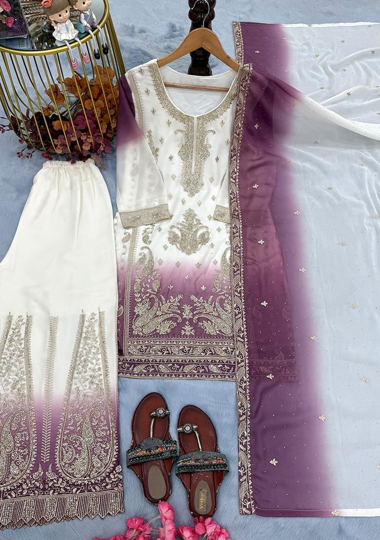 Purple Embroidery Georgette Kurta Set - Indya