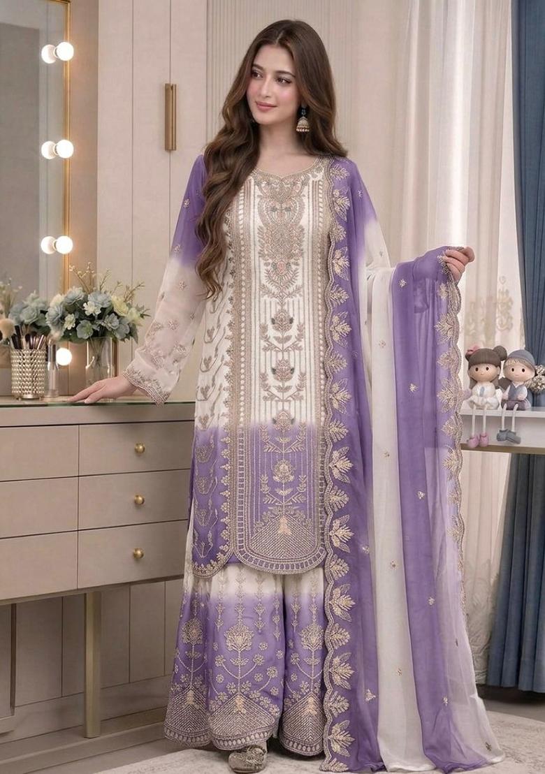 Lavender Embroidery Georgette Kurta Set - Indya