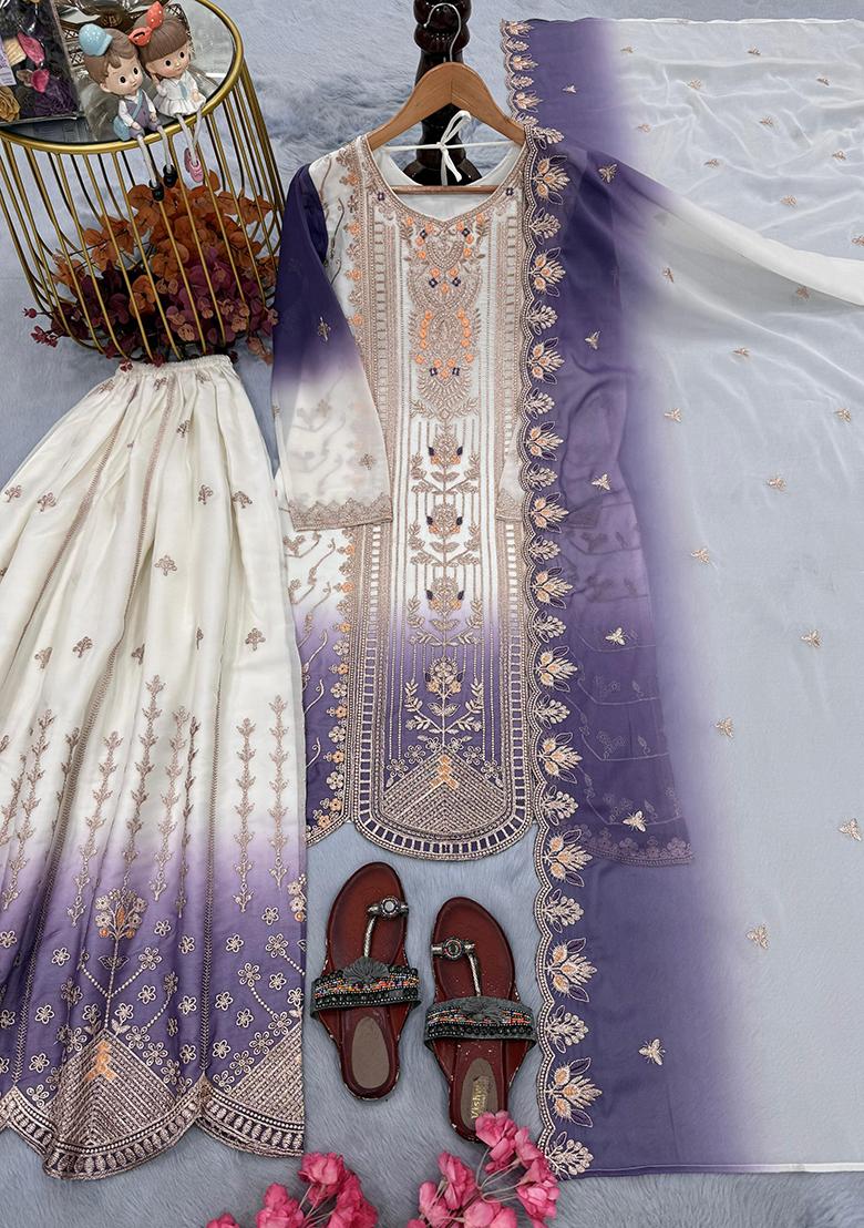 Lavender Embroidery Georgette Kurta Set - Indya