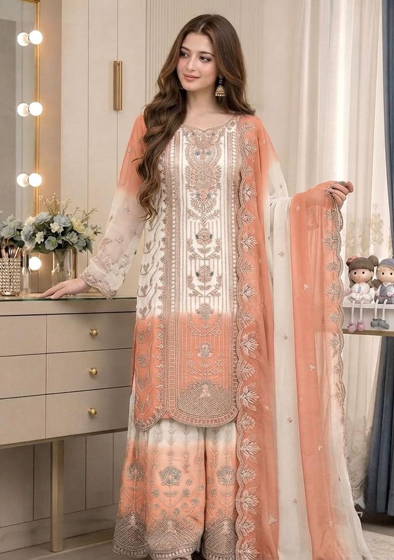 Peach Embroidery Georgette Kurta Set - Indya