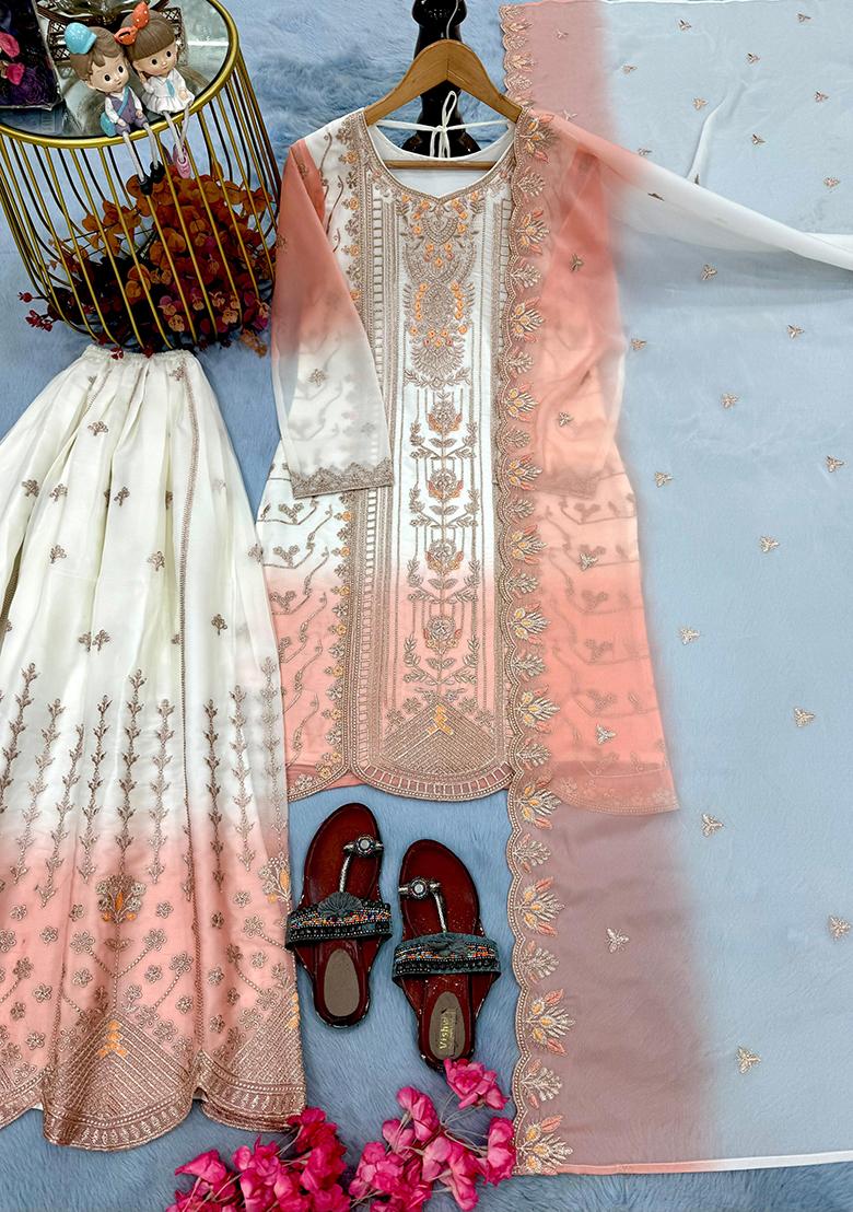 Peach Embroidery Georgette Kurta Set - Indya
