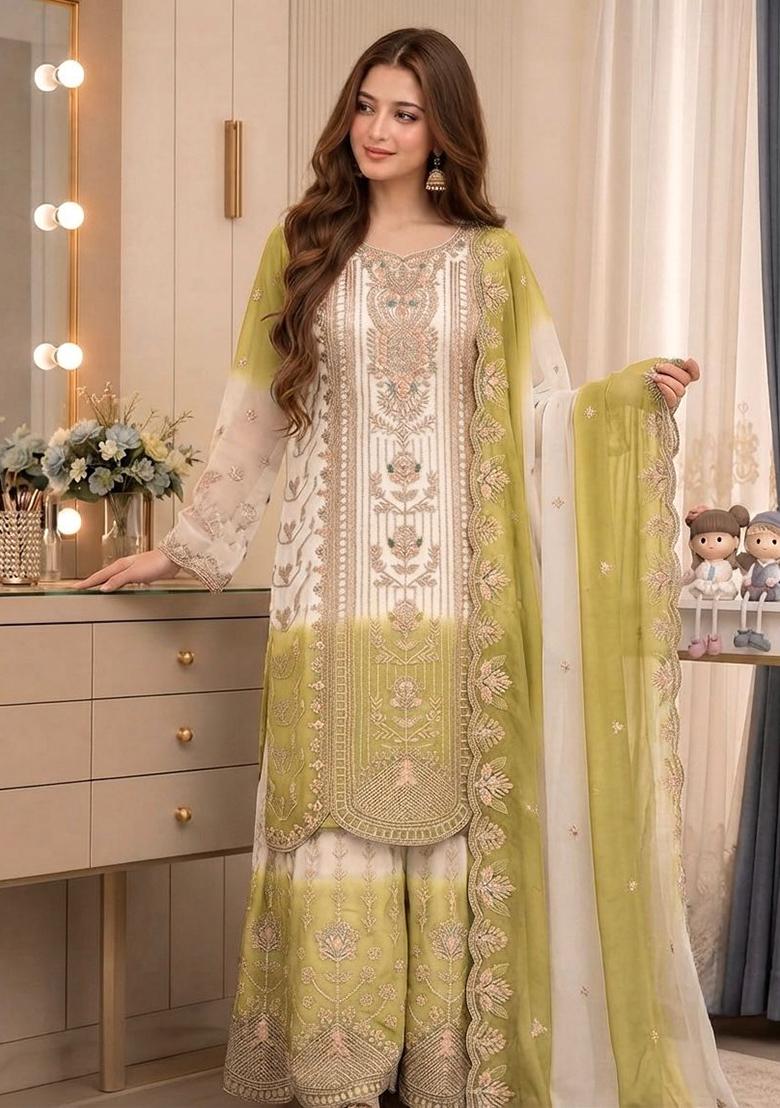 Green Embroidery Georgette Kurta Set - Indya