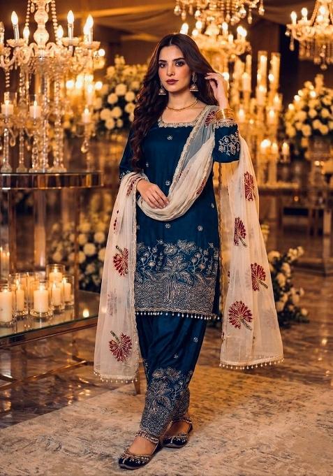 Nevy Blue Embroidery Silk Kurta Set