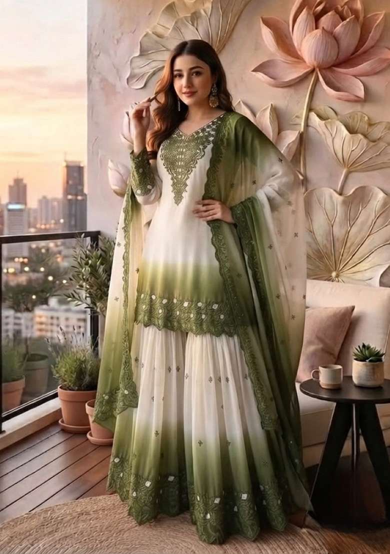 Mehendi Embroidery Georgette Kurta Set - Indya