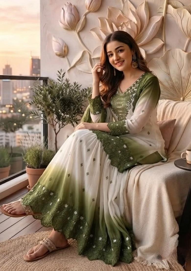 Mehendi Embroidery Georgette Kurta Set - Indya