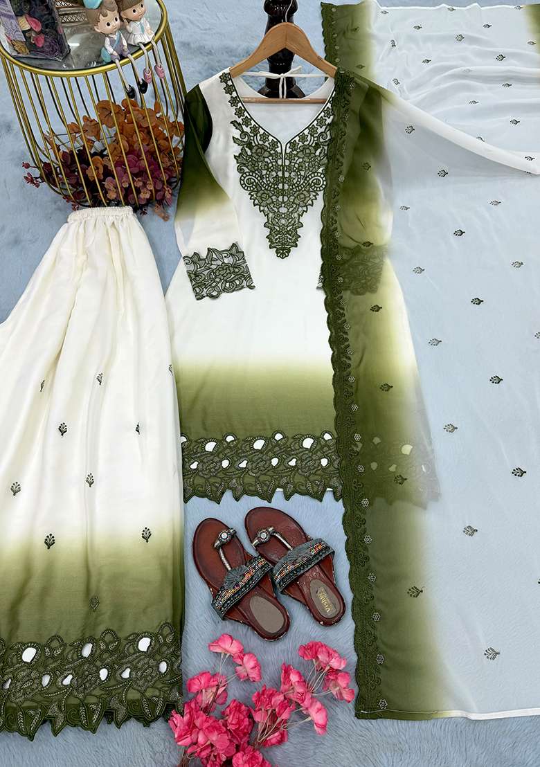 Mehendi Embroidery Georgette Kurta Set - Indya
