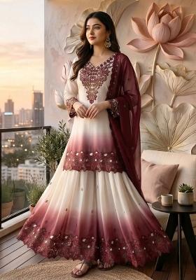 Peach Embroidery Georgette Kurta Set