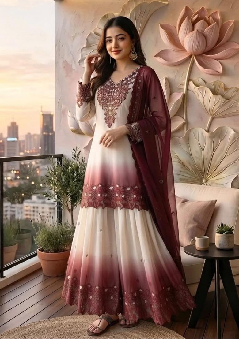 Peach Embroidery Georgette Kurta Set - Indya