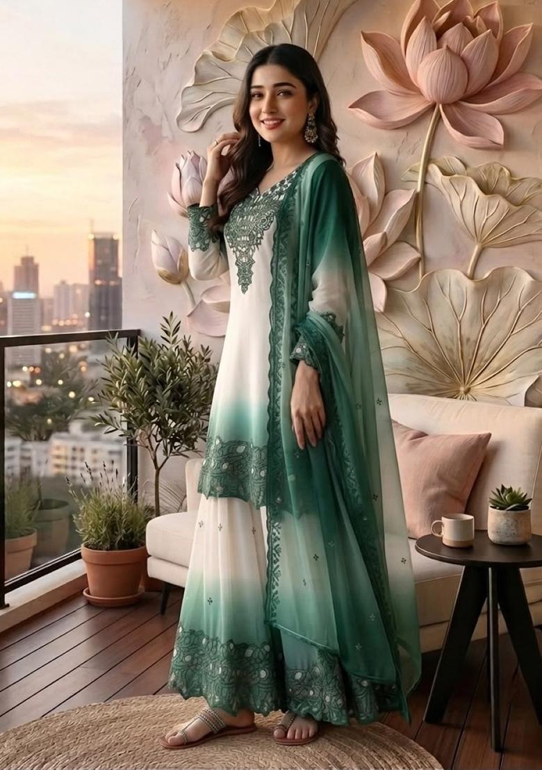 Blue Embroidery Georgette Kurta Set - Indya