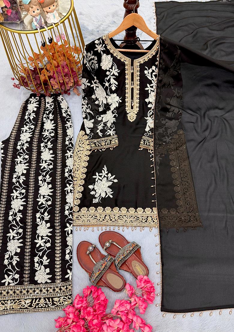 Black Embroidery Georgette Kurta Set - Indya