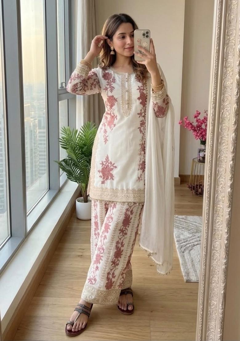 White Embroidery Georgette Kurta Set - Indya