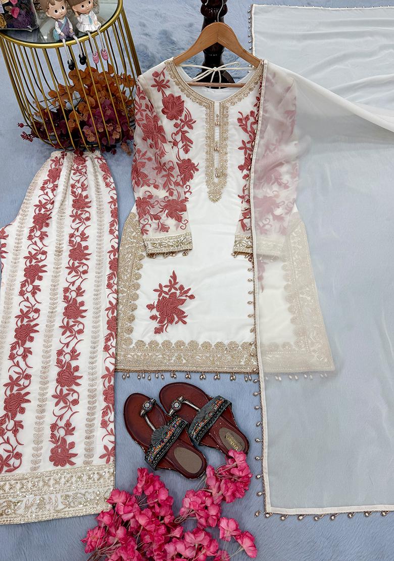 White Embroidery Georgette Kurta Set - Indya